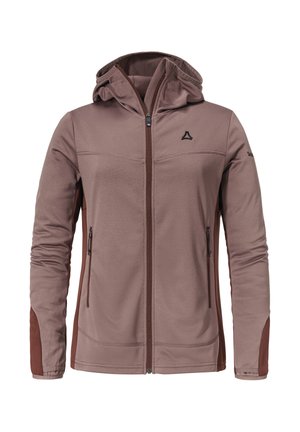 Braune Kapuzenjacke mit Reißverschluss, gemustertem Textil, seitlichen Taschen und kontrastierenden braunen Akzenten an den Ärmeln. Mit einem Logo auf der Brust.