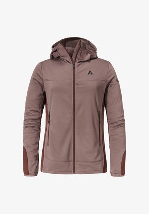 Braune Kapuzenjacke mit Reißverschluss, gemustertem Textil, seitlichen Taschen und kontrastierenden braunen Akzenten an den Ärmeln. Mit einem Logo auf der Brust.