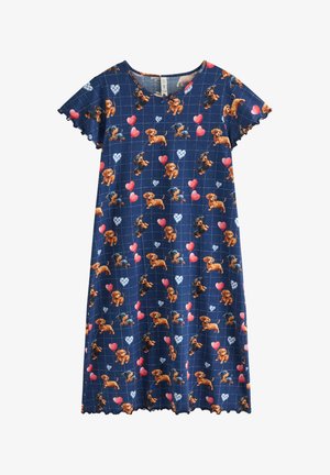 Marineblaues Kleid mit kurzen Ärmeln, das ein Muster aus braunen und schwarzen Dackeln, roten und blauen Herzformen sowie weißen Gitternlinien zeigt.