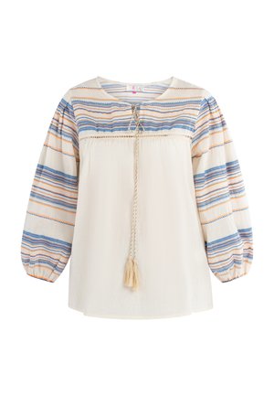 Lehká krémová blůza s vodorovnými modrými a oranžovými pruhy, kulatým výstřihem a nafouknutými rukávy. Obsahuje stahovací šňůrku s detaily v podobě třásní.
