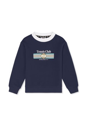 Marineblauwe sweatshirt met witte kraag en manchetten, tekst "Tennis Club", pastelkleurige strepen en FILA-logo met "Established 1911" op de voorkant.