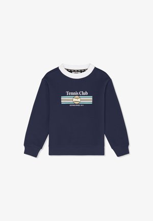 Sudadera azul marino con cuello y puños blancos, texto "Tennis Club", rayas en tonos pastel y logotipo de FILA con "Established 1911" en el frente.