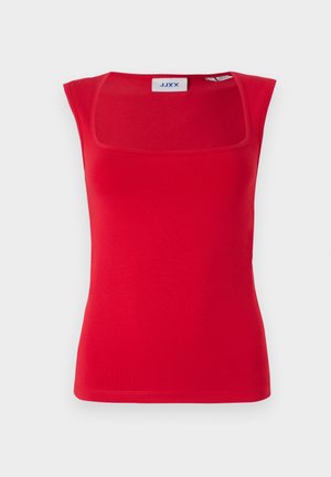 Punane ilma varrukatops, millel on ruudukujuline kaelus, valmistatud siledast kangast, millel on sobiv disain ja ühtlane tekstuur, millel on silt 'JJXX'.