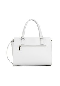 Sac à main blanc en cuir lisse, présentant des poignées supérieures doubles, une bandoulière amovible et une poche zippée à l'avant.