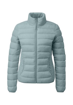 Giacca imbottita celeste con collo alto e chiusura frontale con cerniera. Presenta trapuntatura orizzontale e tasche laterali. Tessuto dalla texture liscia.