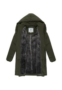 Oliven grøn polstret jakke med hætte, der har en blød grå pelsforing, frontlynlås og trykknapper. Indersiden viser en kontrasterende tekstur.