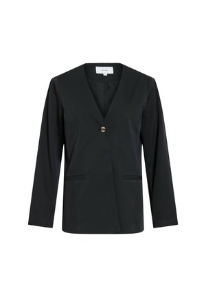 Svart blazer for kvinner med V-hals, enkelt knappelukking, lange ermer og to frontlommer, vist på hvit bakgrunn.