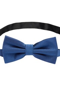 Blå satängfluga med strukturerad yta, med en central knut och ett justerbart svart band för fäste.