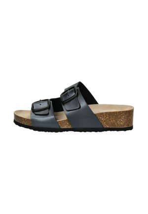 Schwarze Riemensandalen mit zwei verstellbaren Schnallen, Korkzwischenboden und strukturierter Gummisohle. Flaches Design mit glatter Oberfläche.