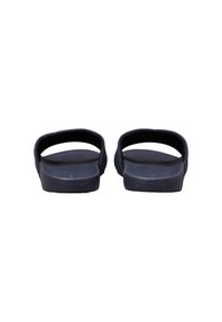 Chanclas negras tipo slip-on con diseño abierto, fabricadas con material de goma suave. Presentan una marca en la suela y un estilo minimalista.