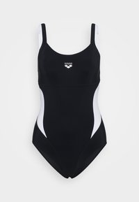 Costume da bagno intero nero con pannelli laterali e spalline bianche, con il logo "arena" sul petto.