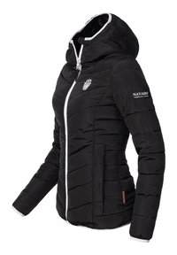 Black puffer jacket with a hood, featuring a white zip closure and trim, quilted pattern, and embroidered logo on the sleeve.