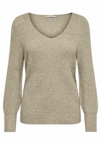 Sweter w serek z miękkiej, żeberkowanej tkaniny w odcieniu beżowym. Posiada długie rękawy, luźny krój i minimalistyczny design, idealny do warstwowego noszenia.