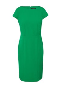 Grünes, knielanges Kleid aus glattem Material. Mit kurzen Kappärmeln, Rundhalsausschnitt und einem Reißverschluss hinten. Schlichte Silhouette.