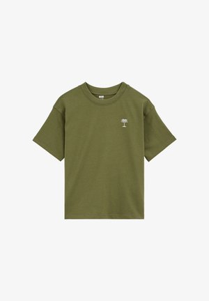 Kortærmet T-shirt i olivengrøn med rund halsudskæring og lille hvidt palmetræ-logo på venstre bryst.