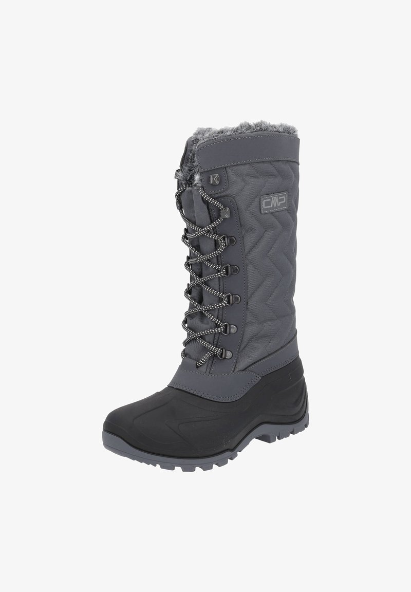 Gray waterproof winter boot with quilted fabric upper, faux fur trim, and black rubber sole. Features gray laces and reinforced toe.