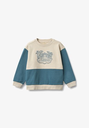 Crème- en tealkleurige sweatshirt met lange mouwen, voorzien van een palmboom- en zonafbeelding. Zachte textuur, geribbelde manchetten en zoom. Duurzaam materiaal.