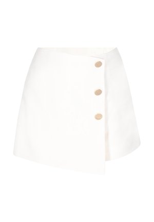 Fehér aszimmetrikus mini szoknya három aranygombbal az elülső panel záródásán, sima anyagból készült.
