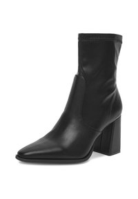 Czarne skórzane botki za kostkę z ostrym noskiem, słupkowym obcasem i elastycznymi panelami bocznymi. Gładka faktura i minimalistyczny design, brak widocznych elementów metalowych.