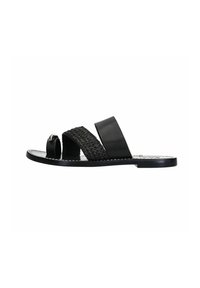 Black sandals with two wide straps; one is smooth leather and the other is woven. Features an open toe and a flat sole.