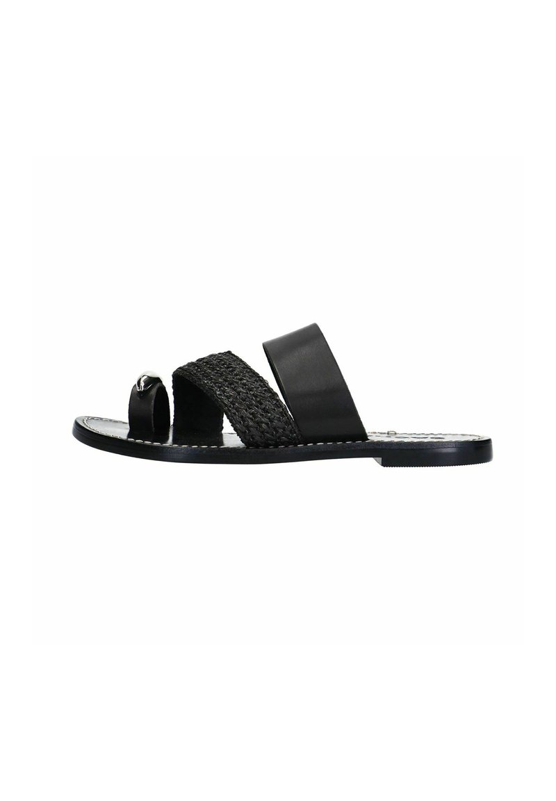 Black sandals with two wide straps; one is smooth leather and the other is woven. Features an open toe and a flat sole.