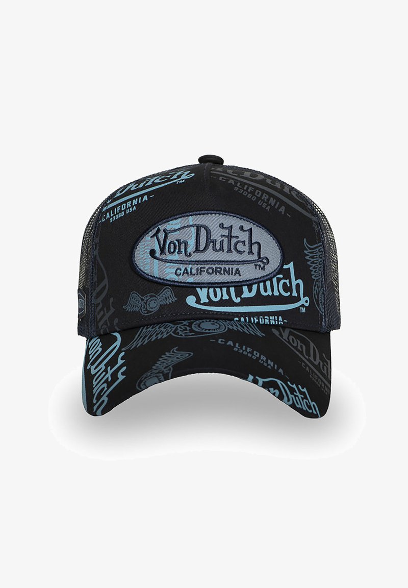 Casquette de baseball noire Von Dutch avec des logos bleu clair, du texte Californie et des dessins d'œil ailé à l'avant et sur la visière.