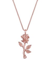 Roseformet vedhæng i rosaguld metal. Har detaljeret blomst og blade, hængende fra en fin kæde.