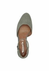 Olivgrüner Stoffschuh mit abgerundetem Zeh, Slingback-Riemen und brauner Innensohle. Strukturierte Oberfläche mit glattem Lederfutter.