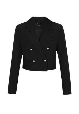 Fekete, rövidített, dupla soros blézer hosszú ujjal, széles hajtókákkal és négy dekoratív, kerek gombbal az elején.