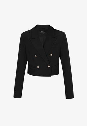 Zwarte cropped double-breasted blazer met lange mouwen, brede revers en vier decoratieve ronde knopen aan de voorkant.
