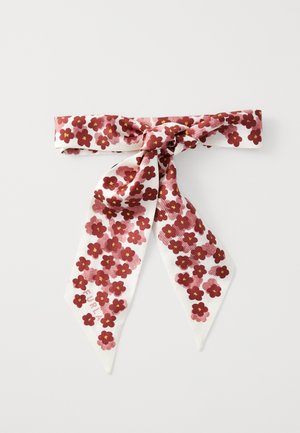 Floral scarf with a white background, featuring small burgundy flowers with yellow centers. Ties at the center, ends tapering to a point.