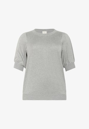 Harmaa lyhyt hiha neule, jossa on pyöreä kaula-aukko. Siinä on puffihihat ja kapea ribbireuna. Silkkinen, pehmeä rakenne.