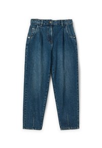 Džíny z denimu v tmavě modré barvě, volného střihu, s vysokým pasem a jemnými předními sklady. Obsahují pět kapes a zapínání na kovový knoflík.