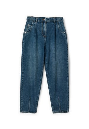 Jeans in denim di colore blu scuro, con una vestibilità ampia, vita alta e sottili pieghe frontali. Presentano cinque tasche e chiusura con bottone metallico.