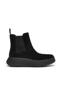 Botas de ante negras hasta el tobillo con paneles laterales elásticos, un collar acolchado y una suela gruesa de goma negra. Diseño minimalista con una tira de agarre.