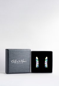 Orecchini in tono oro con gemme blu, verdi e trasparenti disposte in un design curvo, presentati in una scatola foderata di velluto nero.