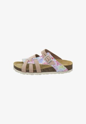 Women's open-toe sandal with cork sole, multi-colored floral strap, beige adjustable buckle, and three beige toe straps.