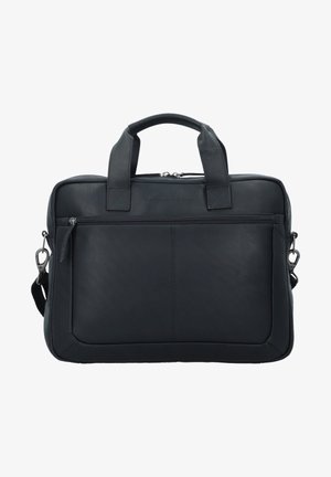 Borsa per laptop in pelle nera con due maniglie superiori, una tracolla rimovibile e una tasca frontale con zip. Texture liscia e forma rettangolare.