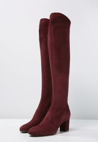 Botas burdeos por encima de la rodilla, fabricadas en suave ante, con puntera redondeada y tacón grueso, con un diseño elegante y sin costuras.