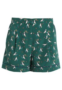 Vihreät shortsit, joissa on painettu lintujen ja kukkien kuvio. Valmistettu kevyestä kankaasta, jossa on laskokset ja kontrastivärinen reunus.