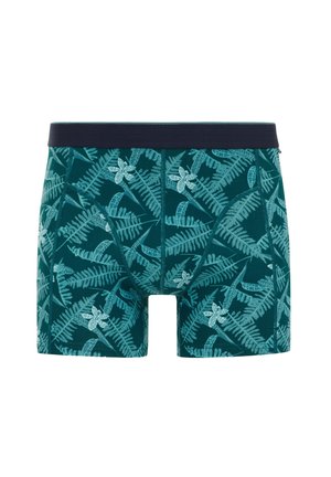 Herre boxershorts i mørk teal stof med et lyst blåt bregne- og blomstermønster, en ensfarvet navy linning og en glat tekstur.