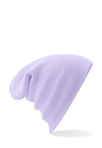 Lavender beanie hat made of soft knit material. Features a slouchy design with ribbed texture and tapered end.