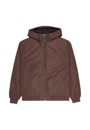 Giacca cappuccio marrone realizzata in tessuto liscio con chiusura a zip, tasche laterali e polsini elastici, con un discreto dettaglio del logo sul petto.