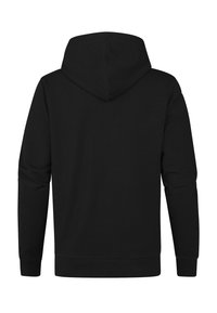 Schwarzer Kapuzenpullover mit glatter Textur, ausgestattet mit langen Ärmeln, einer Kängurutasche sowie gerippten Bündchen und Saum. Rückansicht dargestellt.