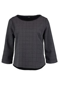 Blusa grigia a scacchi con maniche a tre quarti, scollatura rotonda e orlo leggermente curvato. Realizzata in un tessuto intrecciato e testurizzato.
