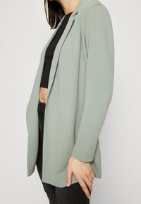Jasnozielona marynarka o dopasowanym kroju, z otwartym przodem i długimi rękawami. Gładka tkanina o subtelnym spadku. Nosi się ją na czarnym topie.