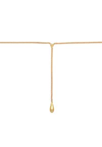 Gold necklace featuring a delicate chain with a center drop pendant in a teardrop shape, smooth texture, and polished finish.