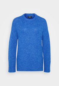 Blå strikket genser med rund hals, lange ermer, ribbet kant og teksturert finish. Stoffet er mykt og litt lodden.