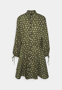 Abito verde a pattern con maniche lunghe, chiusura a bottoni e dettagli con cordino ai polsini. Presenta forme a diamante in crema e oro.