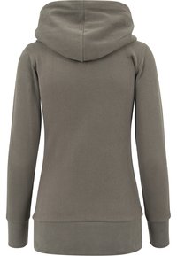 Hooded sweatshirt in grey, made of soft fabric. Features long sleeves, a curved hem, and a simple design. Back view shows hood and seams.